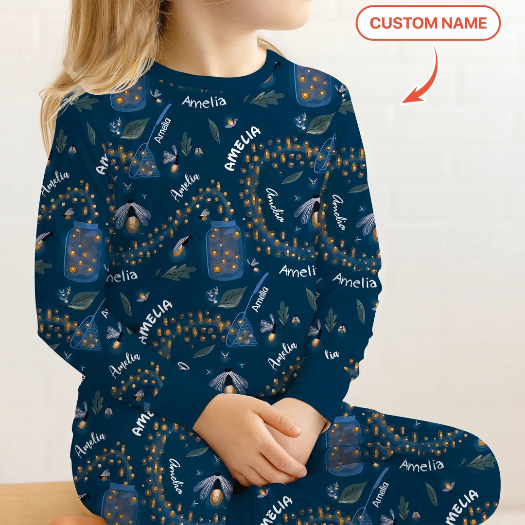 Custom Name Catching Fireflies Two Piece Long Sleeve Pajama Set - Zumbamboo