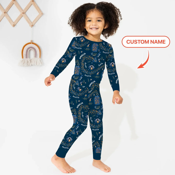 Custom Name Catching Fireflies Two Piece Long Sleeve Pajama Set - Zumbamboo