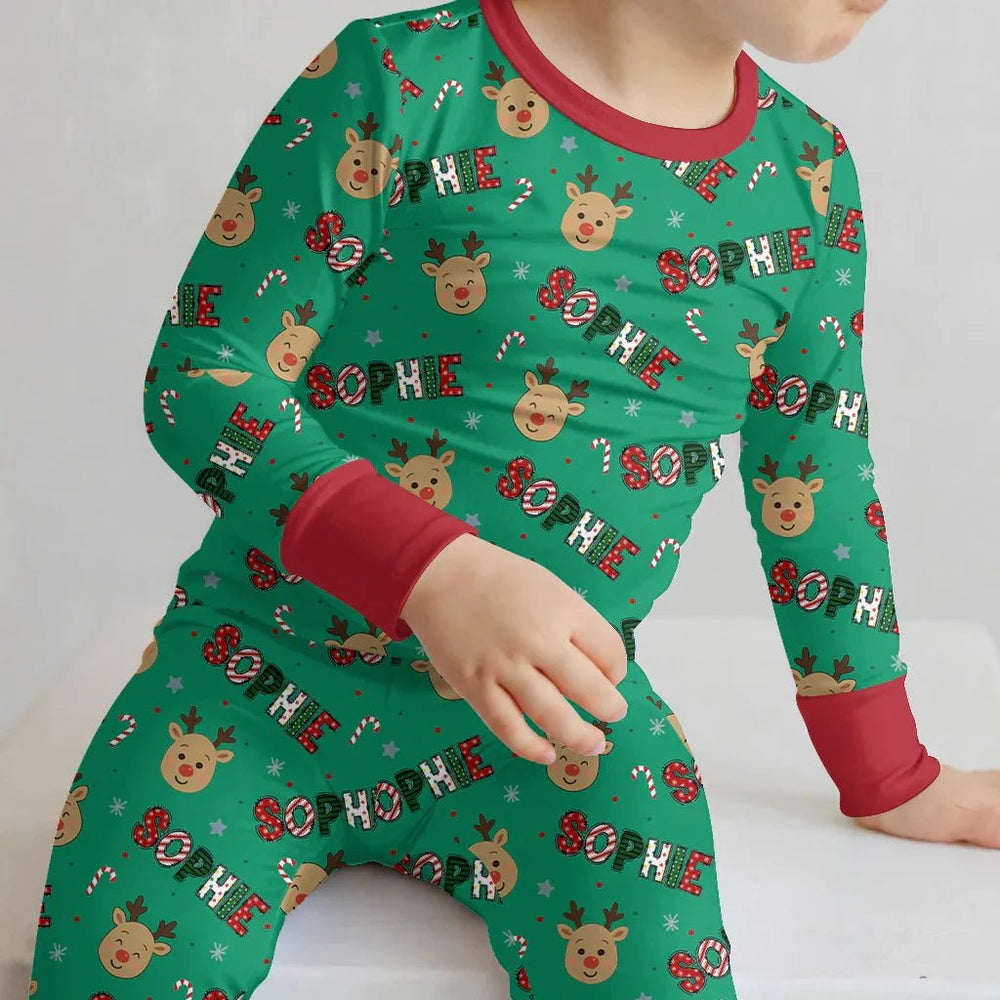 Custom Name Chrismas Cute Deer Two Piece Long Sleeve Pajama Set - Zumbamboo