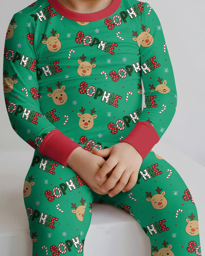 Custom Name Chrismas Cute Deer Two Piece Long Sleeve Pajama Set - Zumbamboo