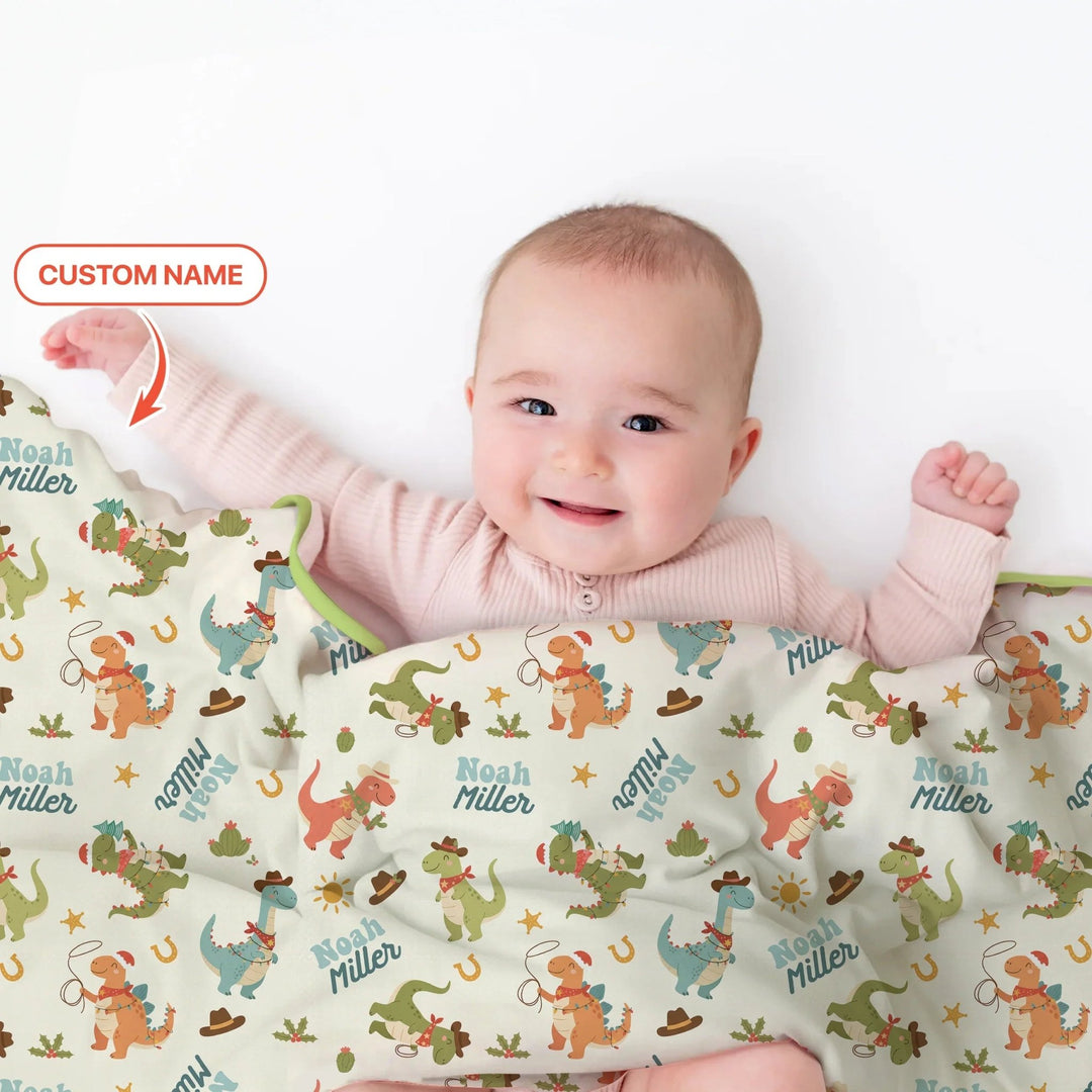 Custom Name Christmas Cowboy Dinosaur Toddler Blanket - Zumbamboo