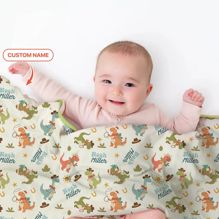 Custom Name Christmas Cowboy Dinosaur Toddler Blanket - Zumbamboo