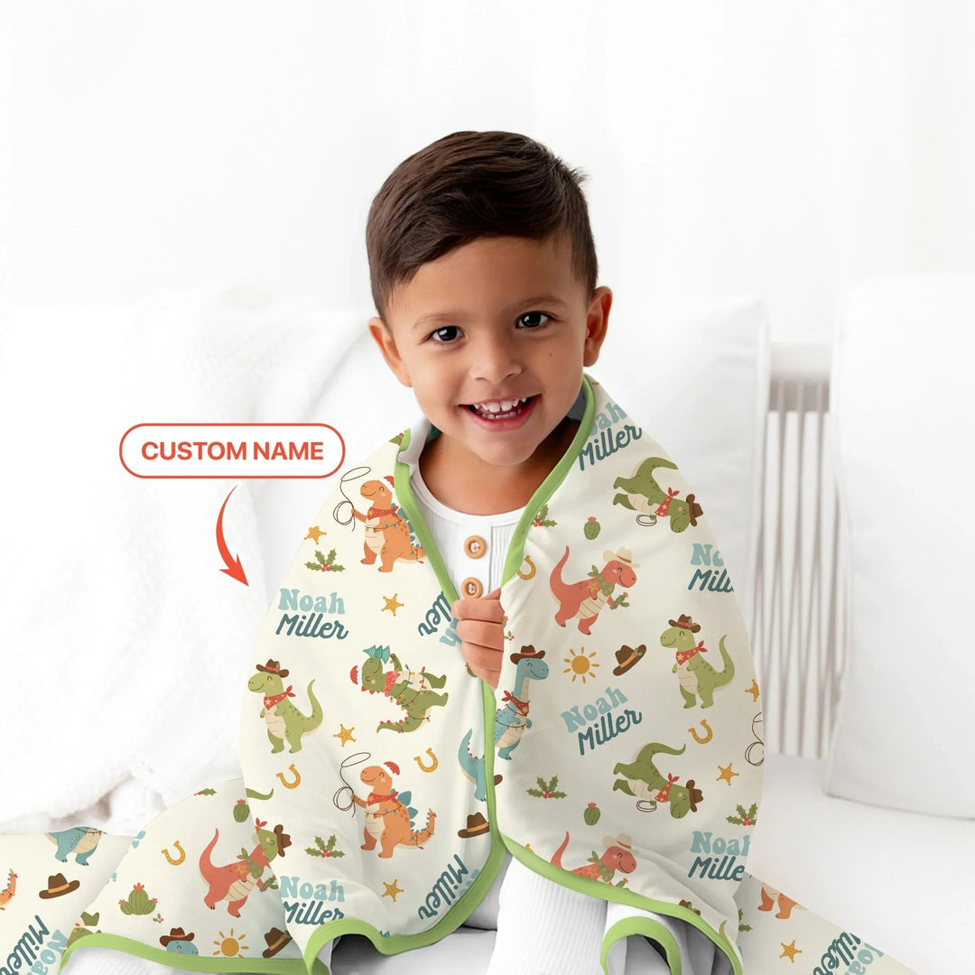 Custom Name Christmas Cowboy Dinosaur Toddler Blanket - Zumbamboo