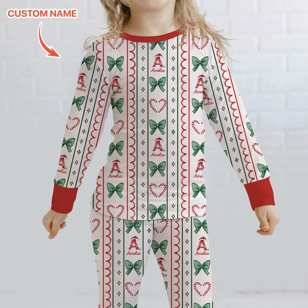 Custom Name Christmas Stripes Two Piece Long Sleeve Pajama Set - Zumbamboo