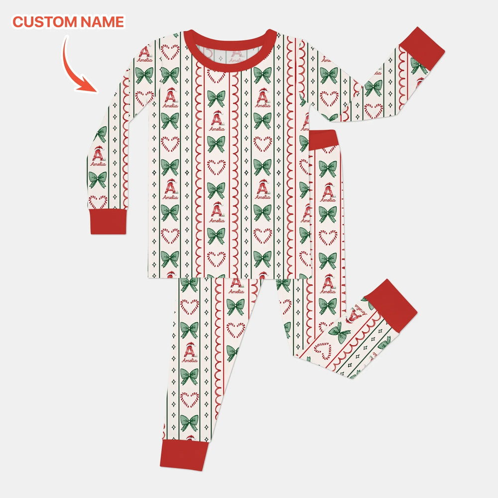 Custom Name Christmas Stripes Two Piece Long Sleeve Pajama Set - Zumbamboo