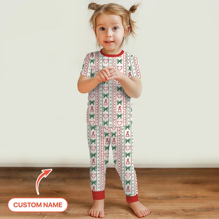 Custom Name Christmas Stripes Two Piece Short Sleeve Pajama Set - Zumbamboo