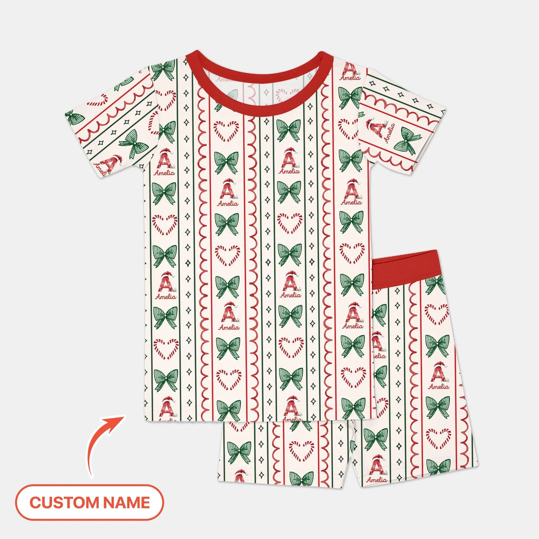 Custom Name Christmas Stripes Two Piece Short Sleeve Shorts Pajama Set - Zumbamboo