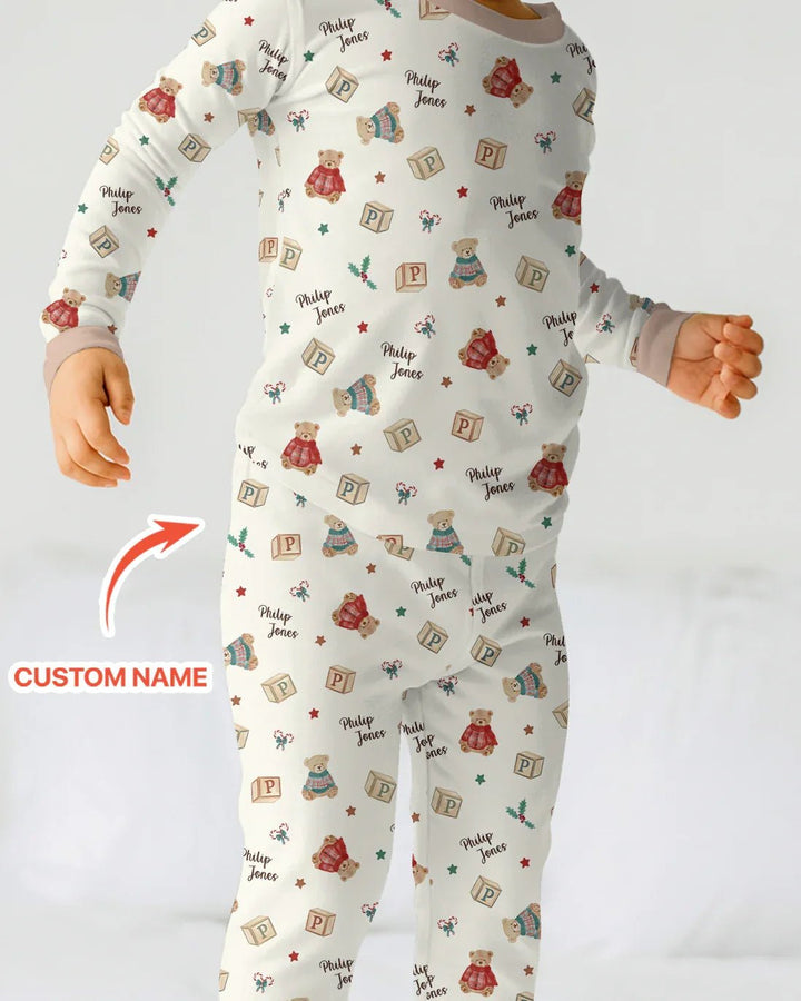 Custom Name Christmas Teddy Bear Two Piece Long Sleeve Pajama Set - Zumbamboo