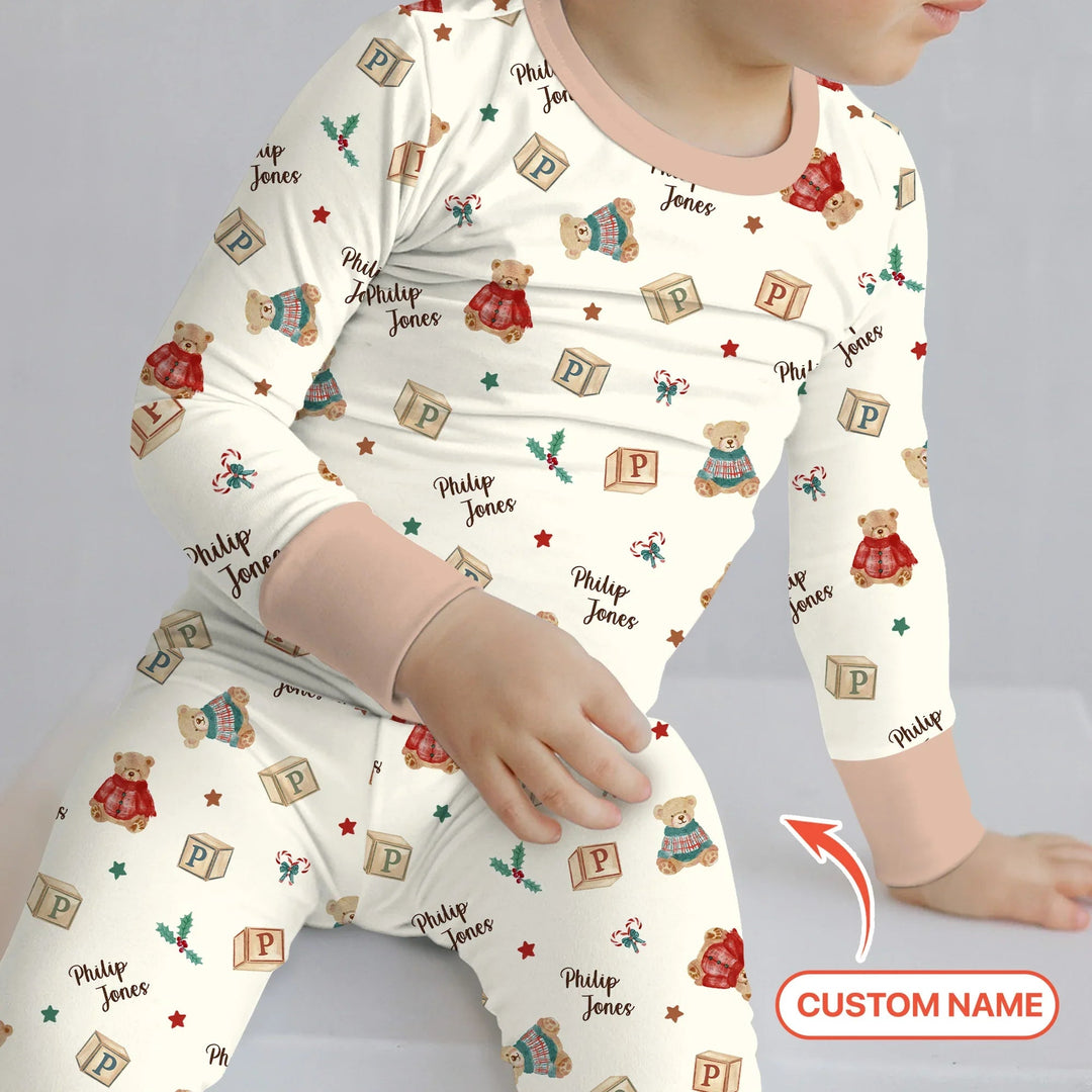 Custom Name Christmas Teddy Bear Two Piece Long Sleeve Pajama Set - Zumbamboo