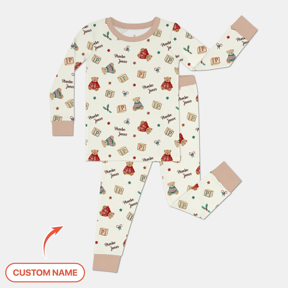 Custom Name Christmas Teddy Bear Two Piece Long Sleeve Pajama Set - Zumbamboo