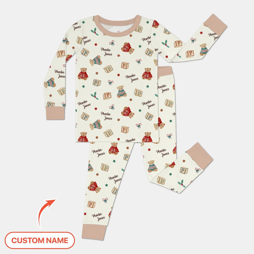 Custom Name Christmas Teddy Bear Two Piece Long Sleeve Pajama Set - Zumbamboo