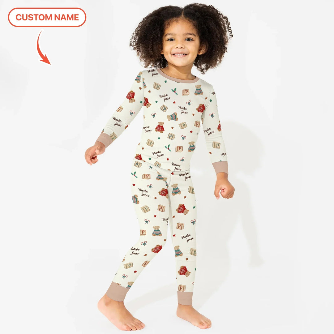 Custom Name Christmas Teddy Bear Two Piece Long Sleeve Pajama Set - Zumbamboo