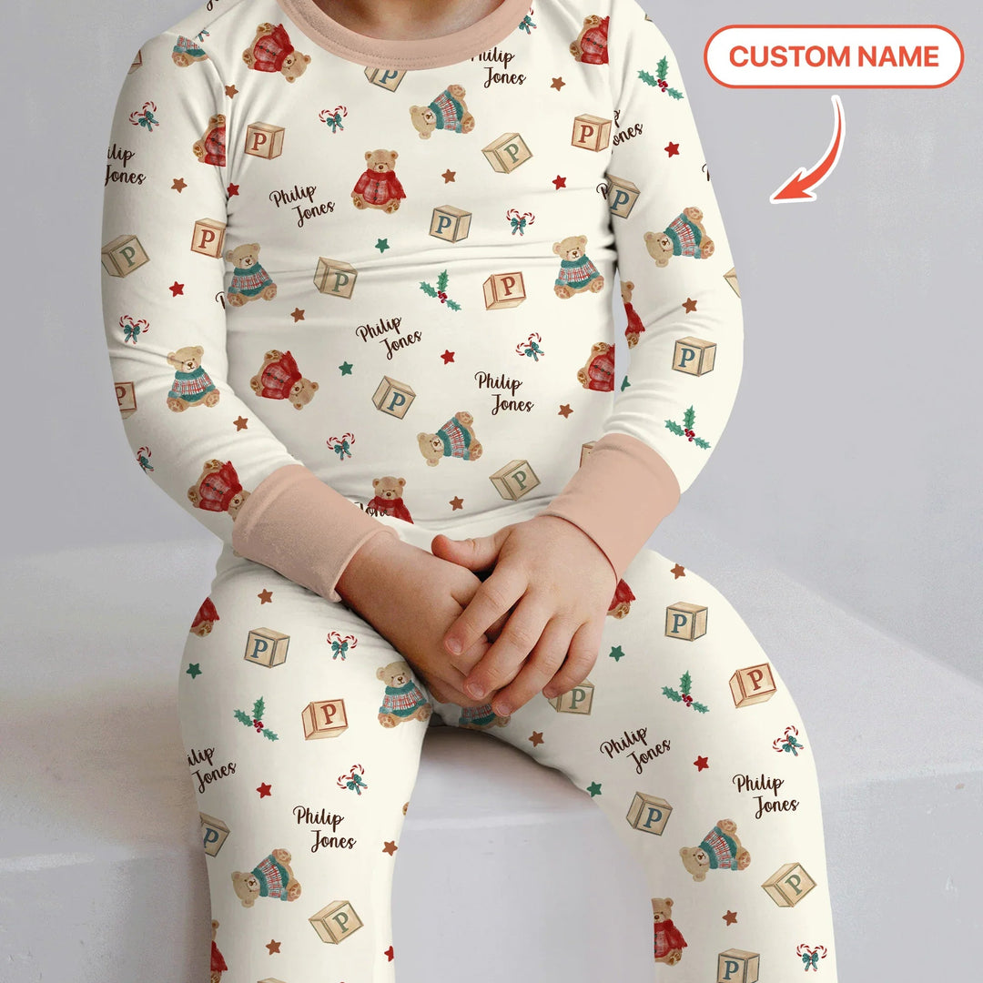 Custom Name Christmas Teddy Bear Two Piece Long Sleeve Pajama Set - Zumbamboo