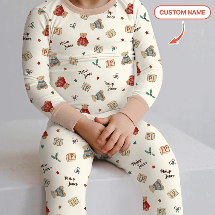 Custom Name Christmas Teddy Bear Two Piece Long Sleeve Pajama Set - Zumbamboo