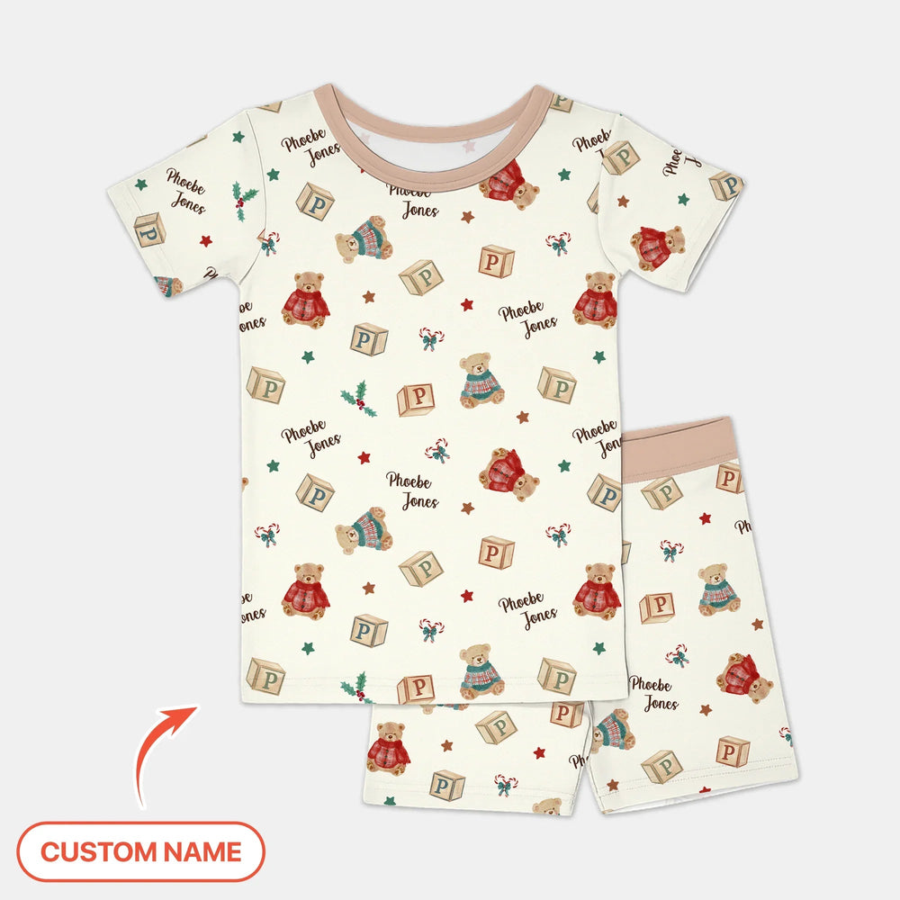Custom Name Christmas Teddy Bear Two Piece Short Sleeve Shorts Pajama Set - Zumbamboo