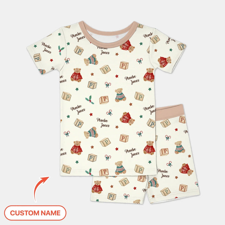 Custom Name Christmas Teddy Bear Two Piece Short Sleeve Shorts Pajama Set - Zumbamboo