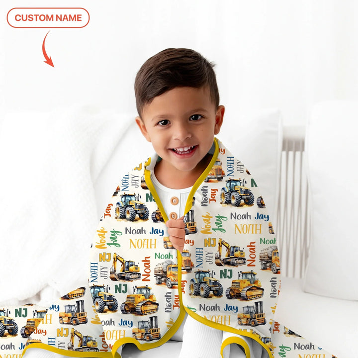 Custom Name Construction Trucks Toddler Blanket - Zumbamboo