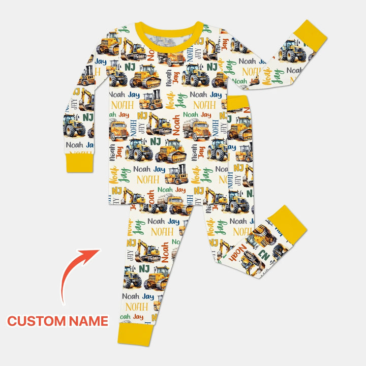 Custom Name Construction Trucks Two Piece Long Sleeve Pajama Set - Zumbamboo