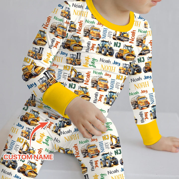 Custom Name Construction Trucks Two Piece Long Sleeve Pajama Set - Zumbamboo