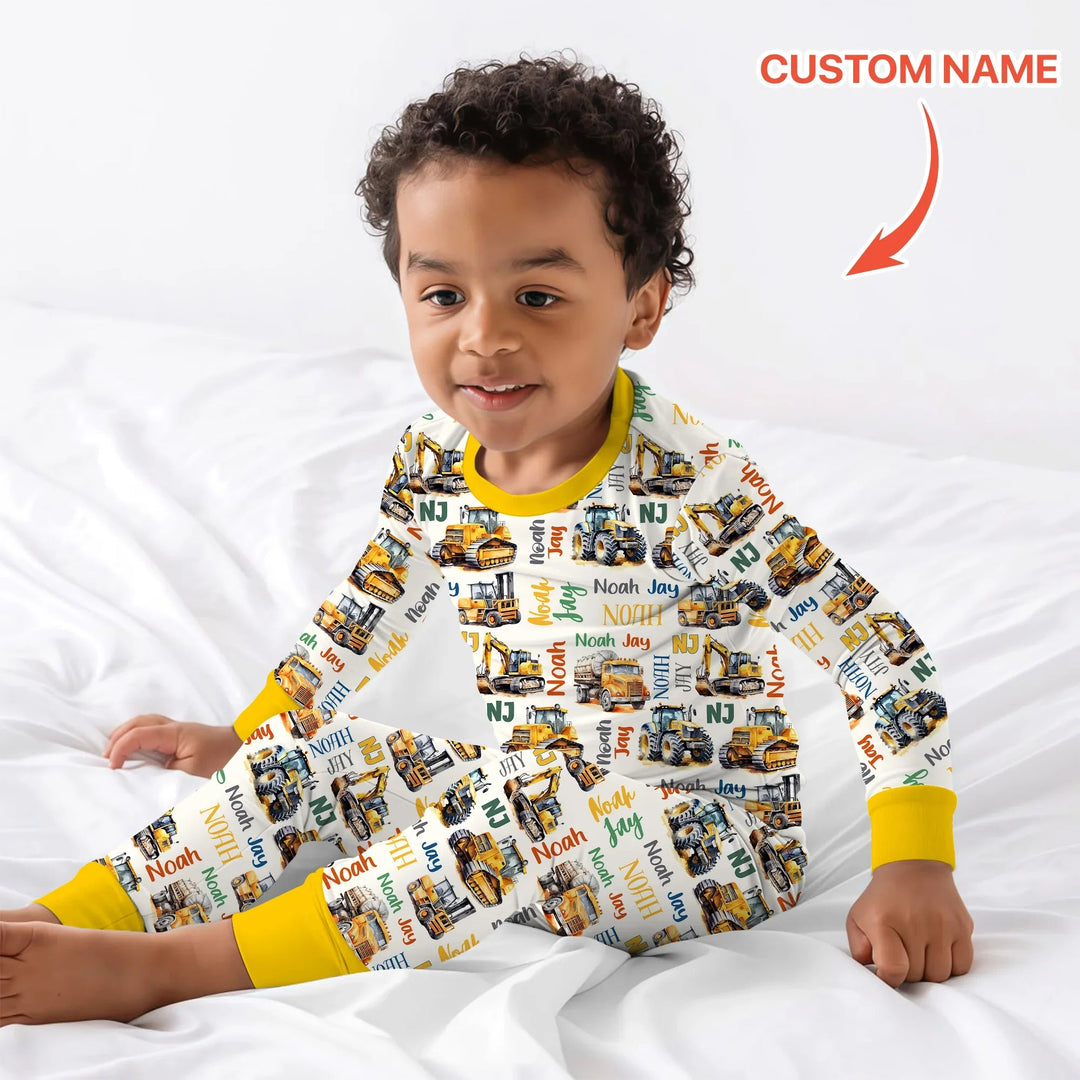 Custom Name Construction Trucks Two Piece Long Sleeve Pajama Set - Zumbamboo