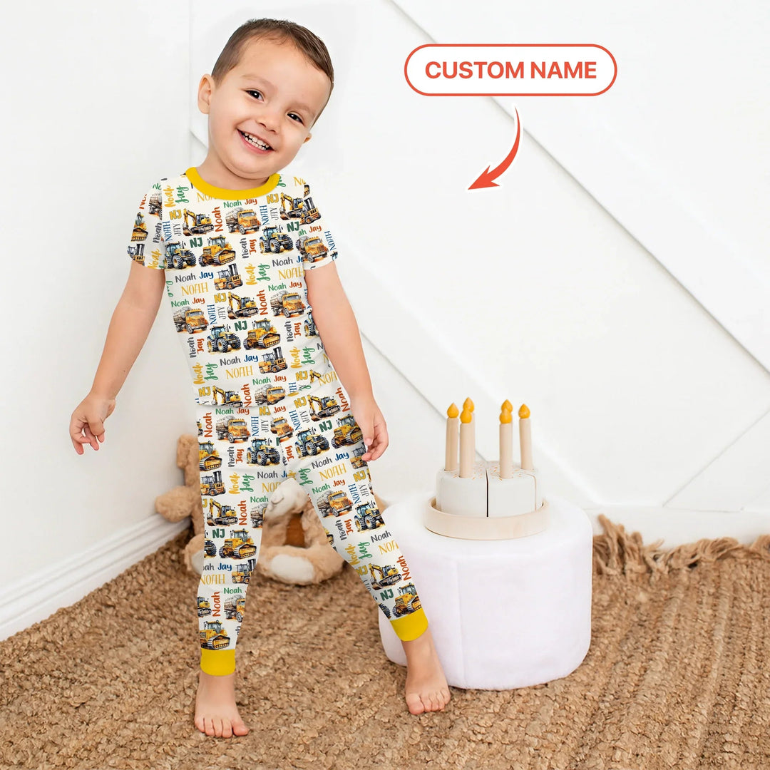 Custom Name Construction Trucks Two Piece Short Sleeve Pajama Set - Zumbamboo