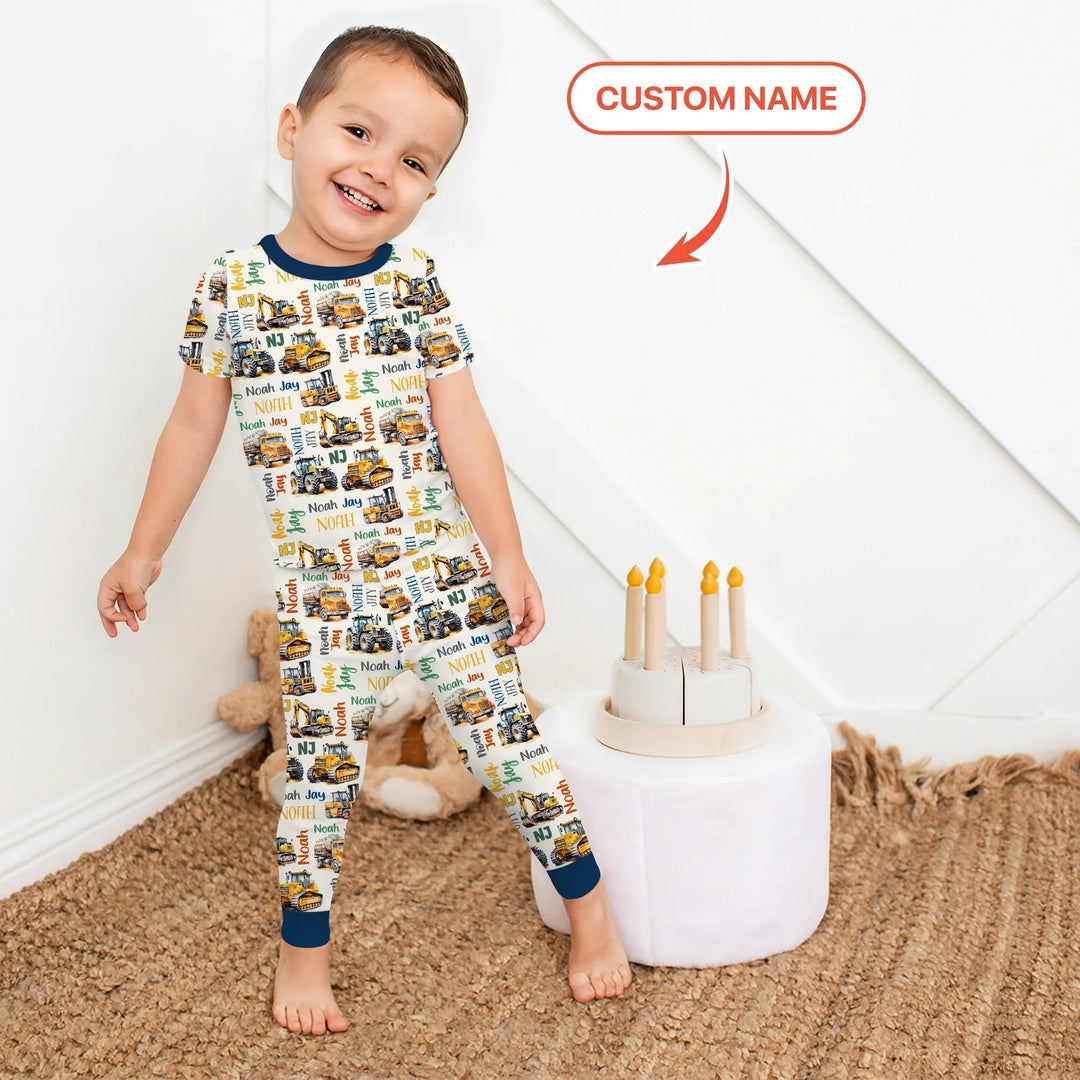 Custom Name Construction Trucks Two Piece Short Sleeve Pajama Set - Zumbamboo