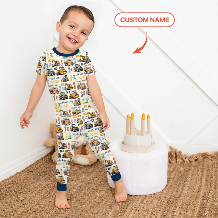 Custom Name Construction Trucks Two Piece Short Sleeve Pajama Set - Zumbamboo
