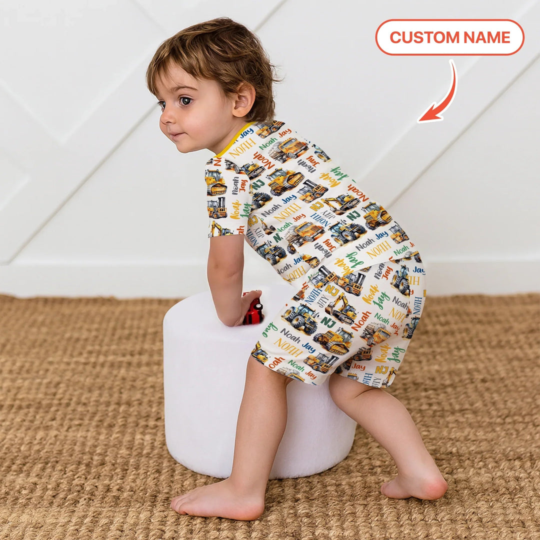 Custom Name Construction Trucks Two Piece Short Sleeve Shorts Pajama Set - Zumbamboo