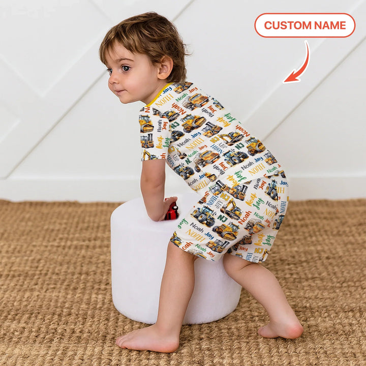 Custom Name Construction Trucks Two Piece Short Sleeve Shorts Pajama Set - Zumbamboo