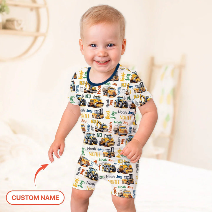 Custom Name Construction Trucks Two Piece Short Sleeve Shorts Pajama Set - Zumbamboo