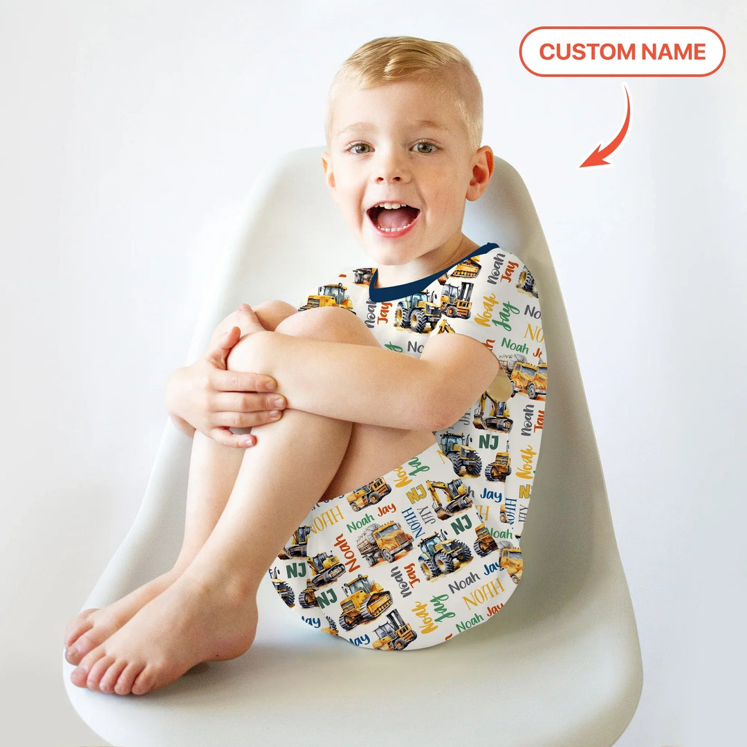 Custom Name Construction Trucks Two Piece Short Sleeve Shorts Pajama Set - Zumbamboo