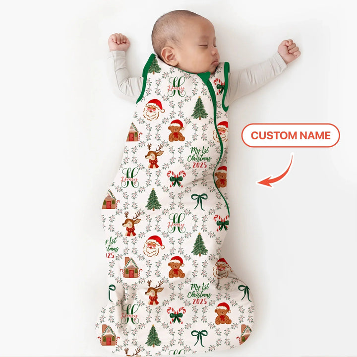 Custom name "Fancy Monogram Green Christmas 2025" Sleep Bag - Zumbamboo