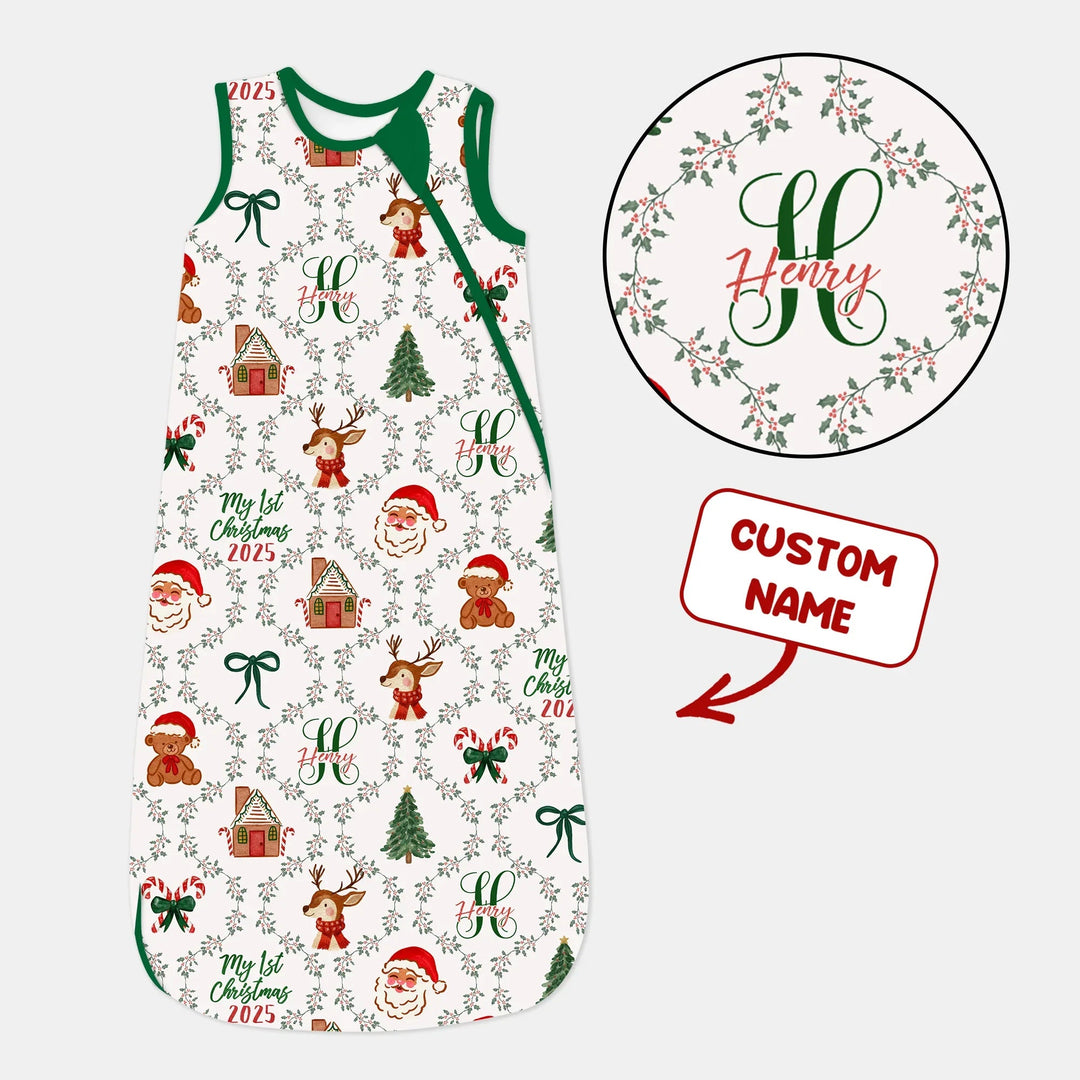 Custom name "Fancy Monogram Green Christmas 2025" Sleep Bag - Zumbamboo