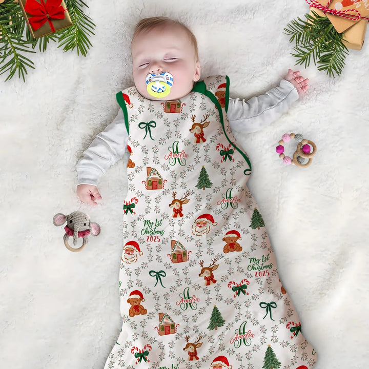 Custom name "Fancy Monogram Green Christmas 2025" Sleep Bag - Zumbamboo