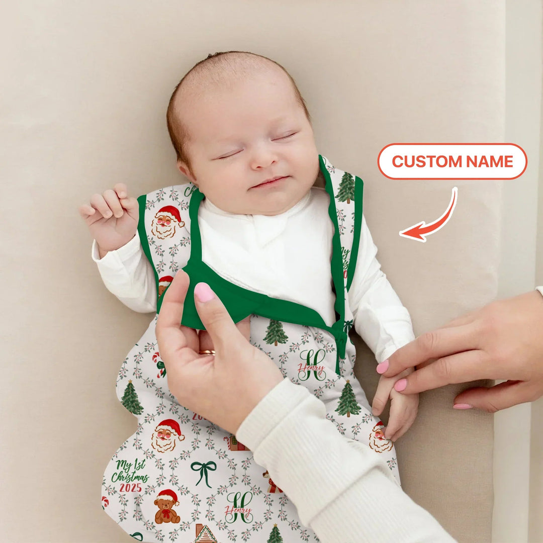 Custom name "Fancy Monogram Green Christmas 2025" Sleep Bag - Zumbamboo