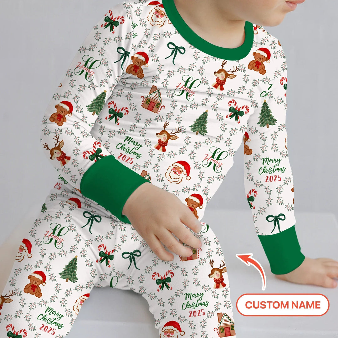 Custom name "Fancy Monogram Green Christmas 2025" Two Piece Long Sleeve Pajama Set , Custom name "Fancy Monogram Green Christmas 2025" Two Piece Long Sleeve Pajama Set - 12-18M