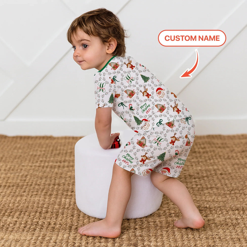 Custom name "Fancy Monogram Green Christmas 2025" Two Piece Short Sleeve Shorts Pajama Set - Zumbamboo
