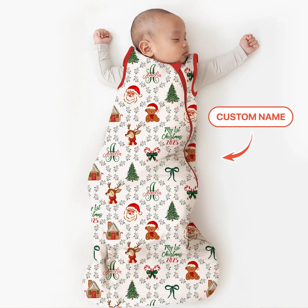 Custom name "Fancy Monogram Red Christmas 2025" Sleep Bag - Zumbamboo