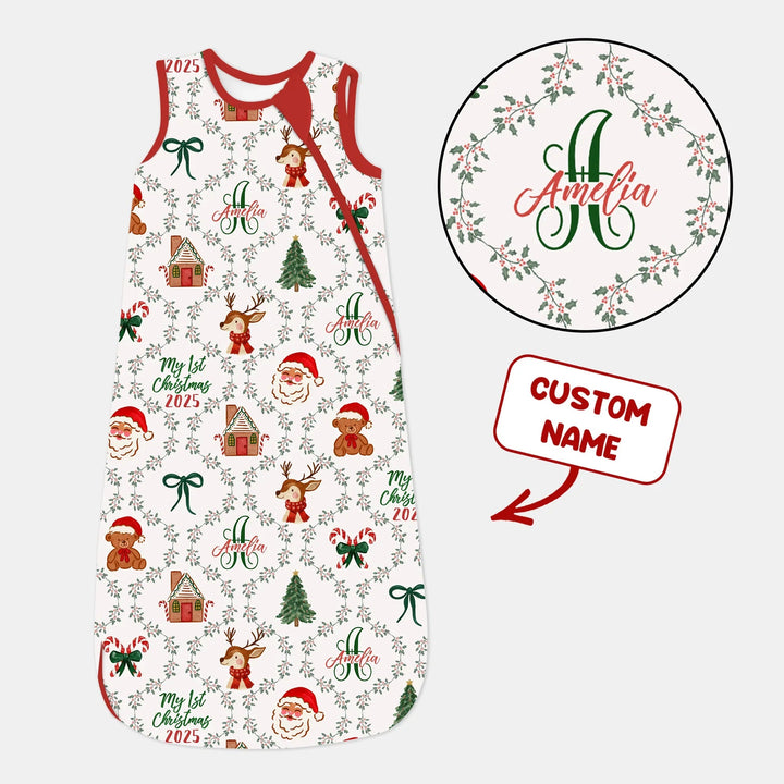Custom name "Fancy Monogram Red Christmas 2025" Sleep Bag - Zumbamboo