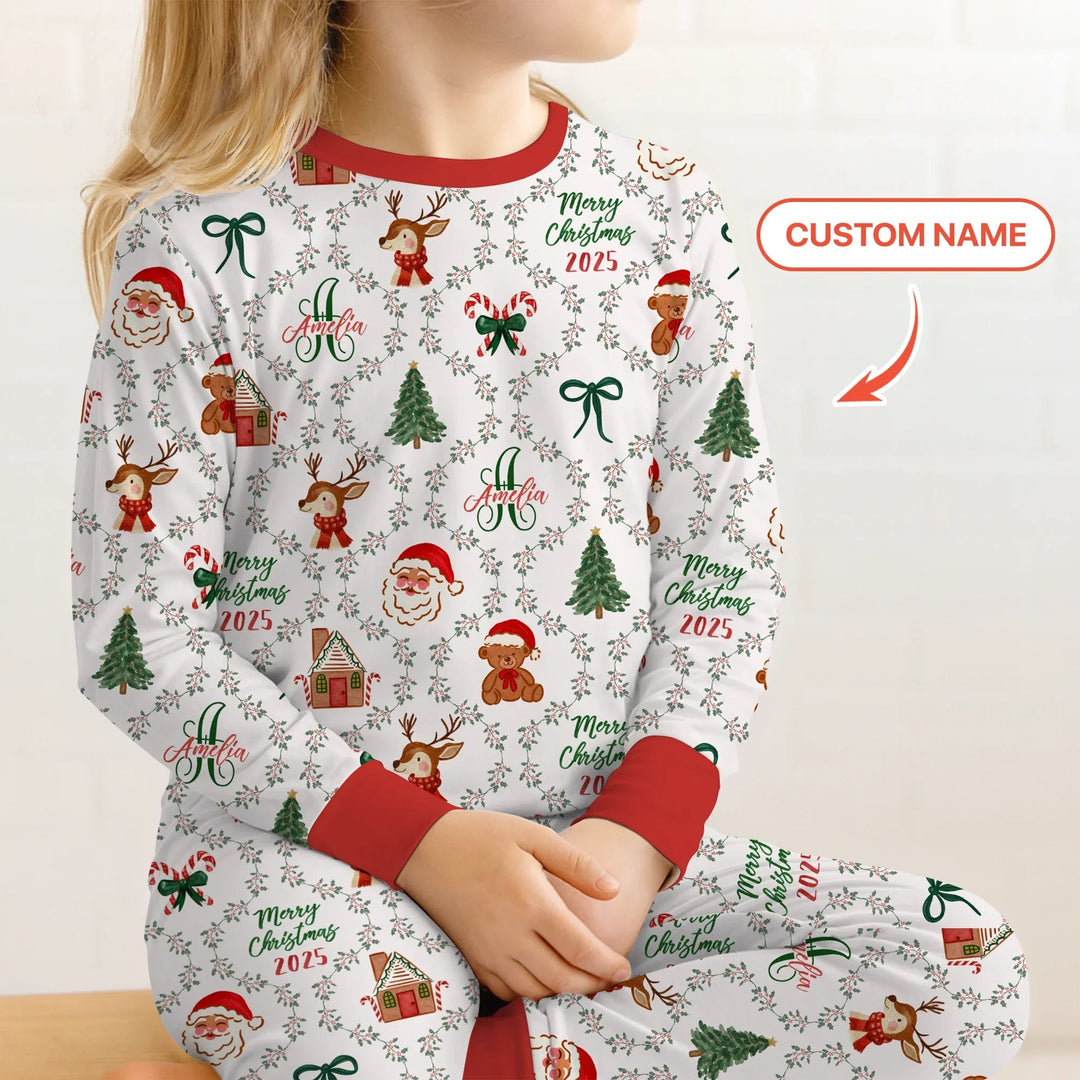 Custom name "Fancy Monogram Red Christmas 2025" Two Piece Long Sleeve Pajama Set - Zumbamboo