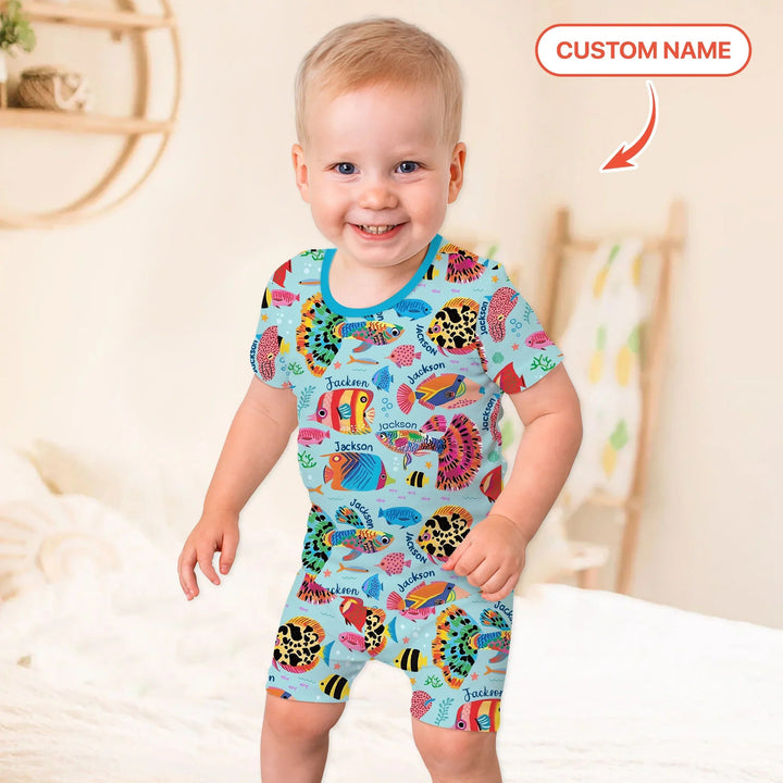 Custom Name Fish Dream Two Piece Short Sleeve Shorts Pajama Set - Zumbamboo
