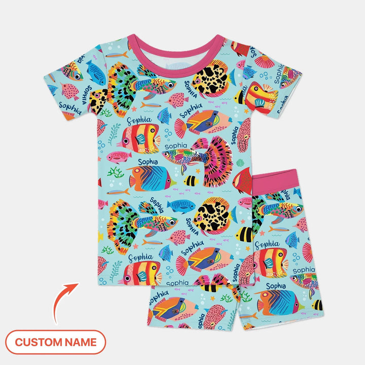 Custom Name Fish Dream Two Piece Short Sleeve Shorts Pajama Set - Zumbamboo