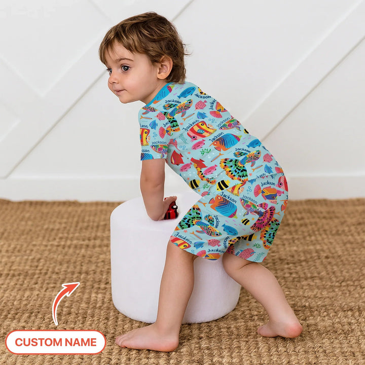 Custom Name Fish Dream Two Piece Short Sleeve Shorts Pajama Set - Zumbamboo