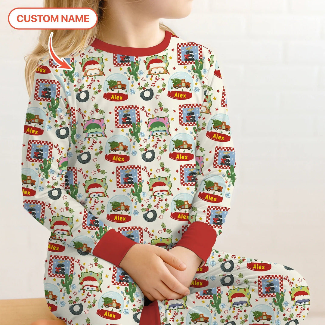 Custom Name Funny Christmas Cars Two Piece Long Sleeve Pajama Set - Zumbamboo