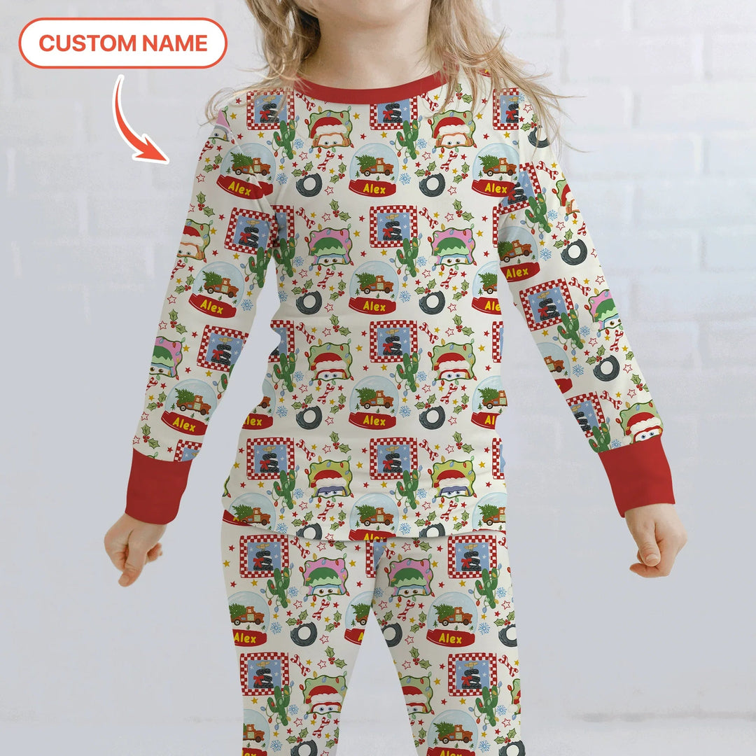 Custom Name Funny Christmas Cars Two Piece Long Sleeve Pajama Set - Zumbamboo