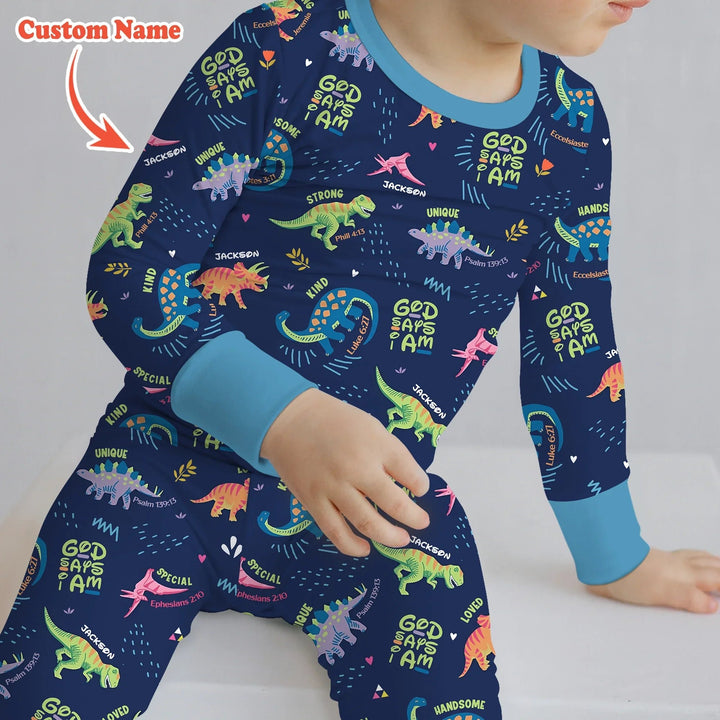 Custom Name God says I am Dinosaur Two Piece Long Sleeve Pajama Set - Zumbamboo