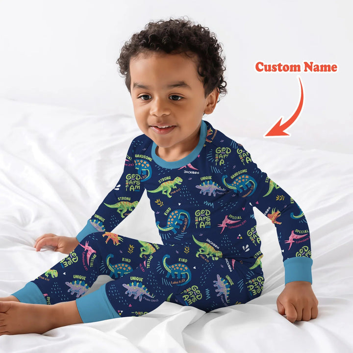 Custom Name God says I am Dinosaur Two Piece Long Sleeve Pajama Set - Zumbamboo
