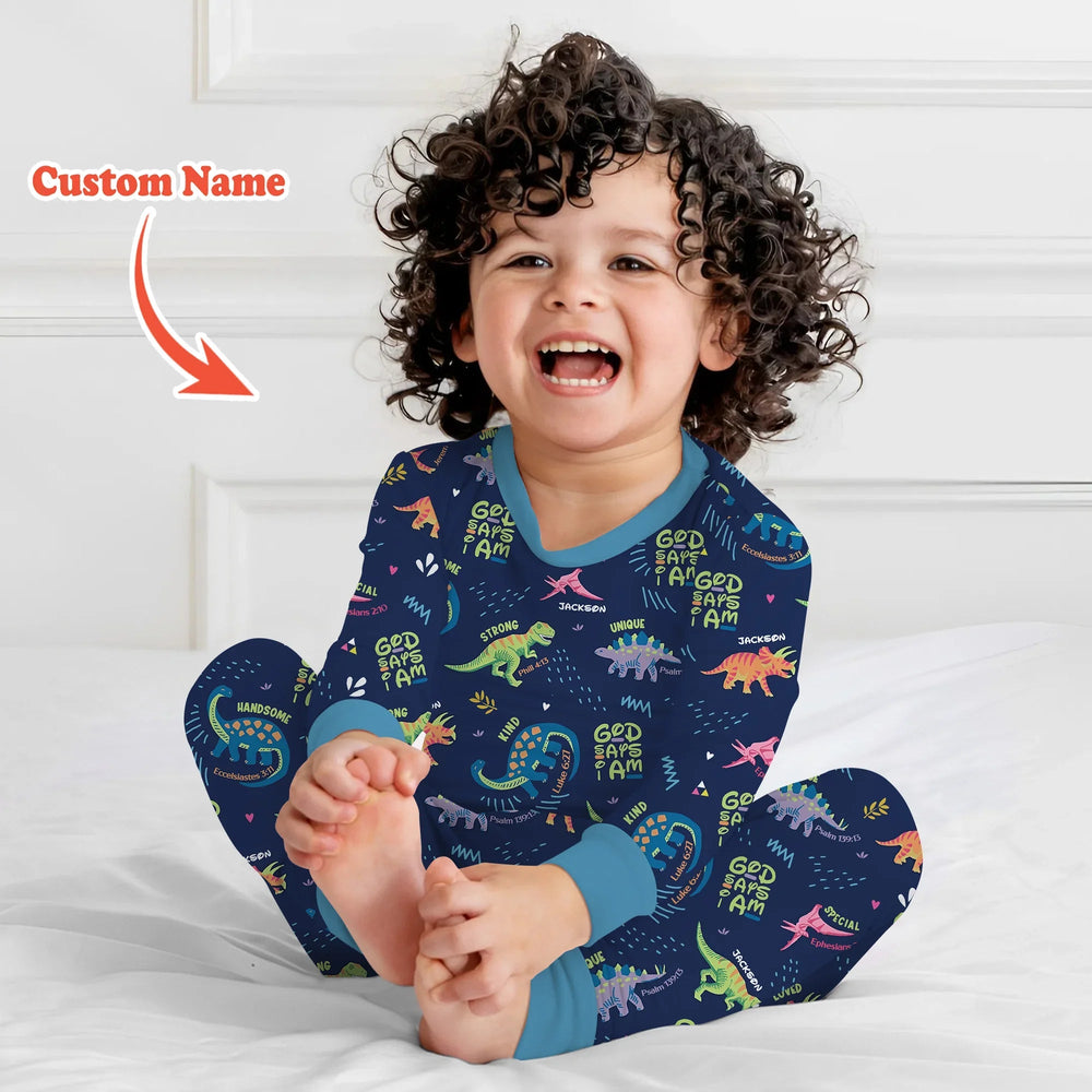 Custom Name God says I am Dinosaur Two Piece Long Sleeve Pajama Set , Custom Name God says I am Dinosaur Two Piece Long Sleeve Pajama Set - 12-18M