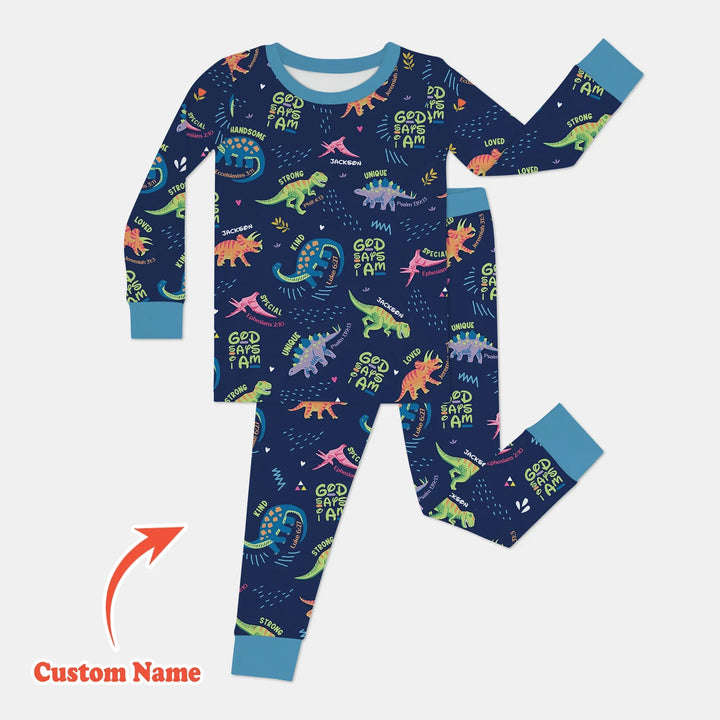 Custom Name God says I am Dinosaur Two Piece Long Sleeve Pajama Set - Zumbamboo