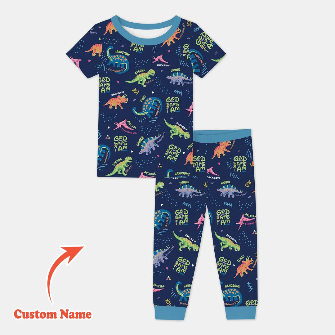 Custom Name God says I am Dinosaur Two Piece Short Sleeve Pajama Set - Zumbamboo